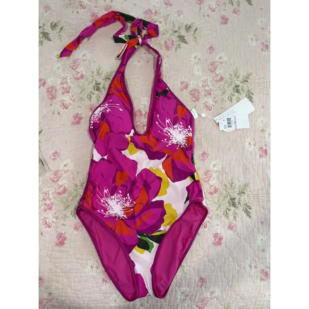 Trina Turk Womens Standard Bloom Reversible One Piece Swimsuit Plunge Neck 6 NWT